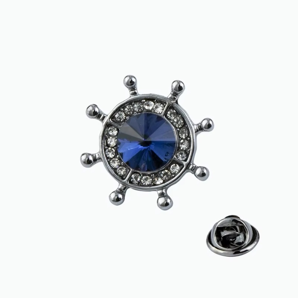 Crystal Ship Wheel Lapel Pin - Men's Accessory - Picture 3 of 7